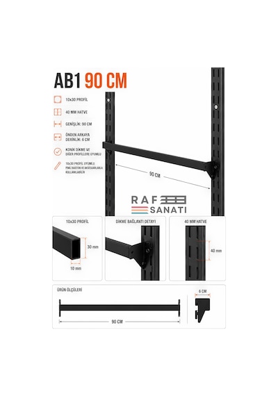 5 Adet - Ab1 90 Cm Askı Geçen Profil 10x30 Aksesuar Ara Bağlantı 40 Mm Hatve - Konik Dikme Uyumlu Raf Askı Aparatı Siyah