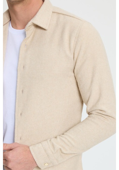 Tudors Erkek Slim Fit Dar Kesim Uzun Kollu Düz Kışlık Oduncu Bej Gömlek-41539