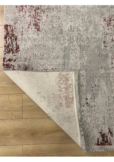 Sanat Halı Doku 1082 Gri Kırmızı Eskitme Desenli Makine Halısı Sarı