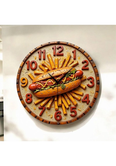 AA Shop Renkli Baskı Büfe Sosis Yemek Desenli Sayılı Hediyelik Ahşap Sessiz Duvar Saati 50cm ÇOk Renkli