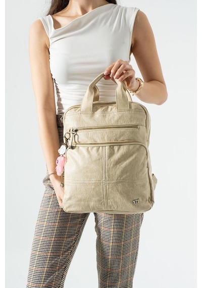 Baginn Vegan Deri Kadın Sırt Çantası Laptop-evrak Sırt Çantası 33 25 Cm Işıklı Charm Hediyeli Krem