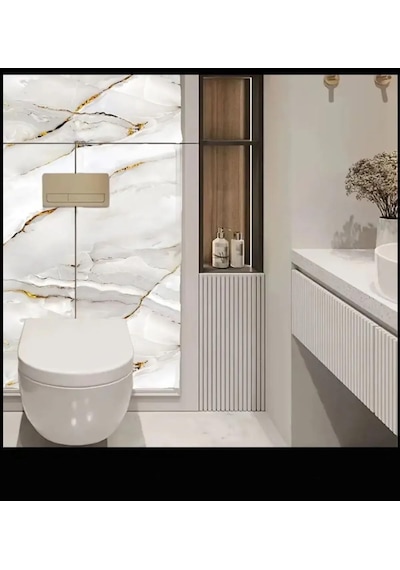 Ukab Dekor Kendinden Yapışkanlı Esnek Köpük Beyaz Pvc Mermer Panel 60x30 Cm Banyo Wc Mutfak Gri Ve Altın Desenli M