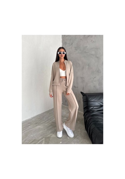 Gugus Kadın Fermuarlı Kolej Yaka Aysho Model Bol Paça Wide Leg Eşofman Takımı Bej