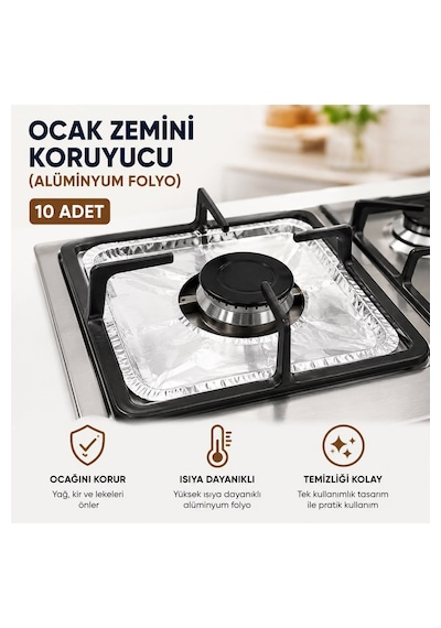 Alüminyum Folyo Ocak Zemini Koruyucu 10 Adet - Tek Kullanımlık Yağ Önleyici 20,5x20,5 Cm
