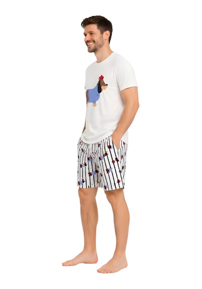 Pijamask Erkek Baskılı Şortlu Pamuklu Yazlık Pijama Takım Beyaz