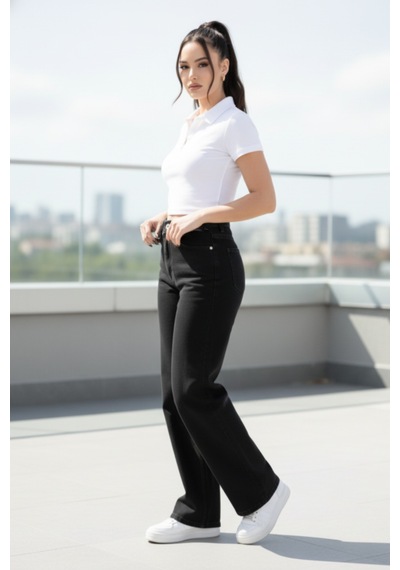 Woddi Nova Kadın Yüksek Bel Siyah Salaş Jeans Wide Leg Geniş Paça Palazzo Kot Pantolon