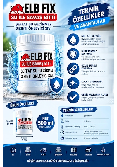 Elb Fıx Şeffaf Su Geçirmez Sızıntı Önleyici Sıvı Yalıtım Ürünü 1 Kg Çatlak Ve Su Sızıntısı Önleyic