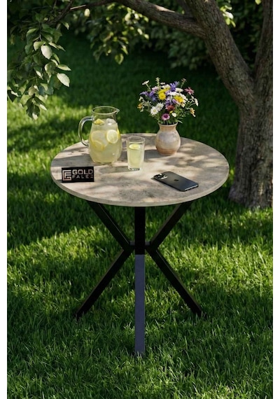 Reyo Falez 70 Cm Yuvarlak Mutfak Masası Metal Ayaklı Modern Yemek Balkon Bahçe Kafe Masası Traverten 9821