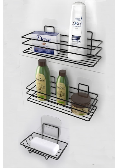 Karteya 3'lü Banyo Seti Yapışkanlı Paslanmaz Banyo Sabunluk Duşakabin Rafı Şampuanlık Banyo Düzenleyici Set Siyah