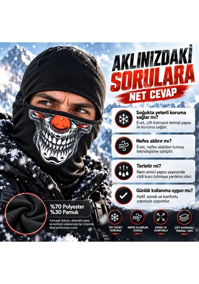 Teorastore Unisex Şık Palyaço Desenli Balaklava Kışlık Tam Yüz Maske Termal Nefes Alan Esnek Kask Altı Boyunluk Siyah