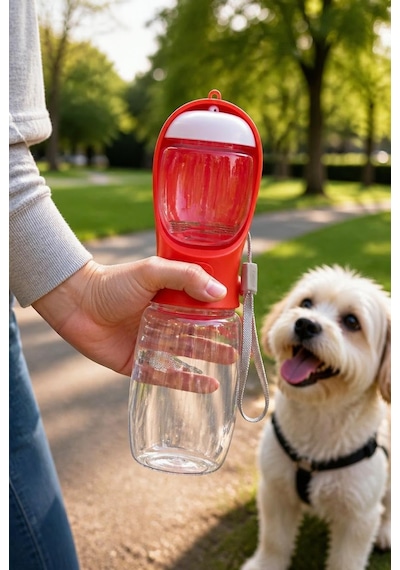 Taşınabilir Köpek Ve Kedi Su Ve Mama Kabı, Seyahat Ve Yürüyüş İçin 2 Bölmeli Evcil Hayvan Su Şişesi Ve Mama Haznesi, 350 Ml, Sarı