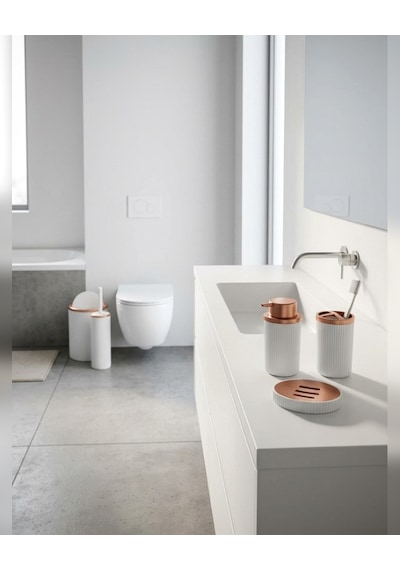 Beyaz Çizgili 5 Parça Banyo Seti Çöp Kovası Klozet Fırçası Sıvı Sabunluk Diş Fırçalık Sabunluk