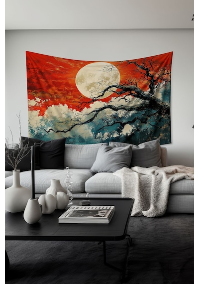 Kırmızı Gece Desenli Duvar Halısı Duvar Örtüsü Tapestry Süet Dokulu Kumaş
