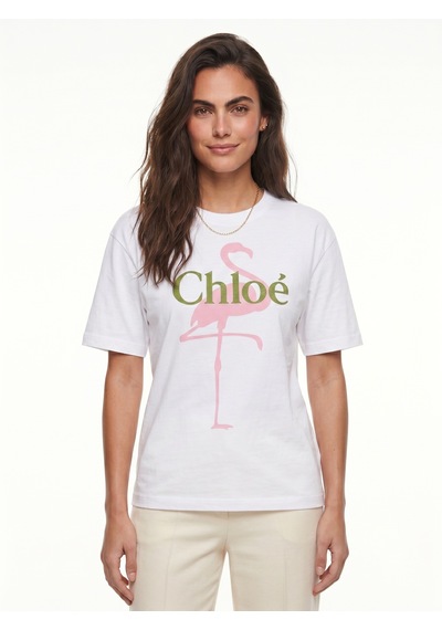 Onloox Kadın Beyaz Beyaz Pamuklu Bisiklet Yaka Kısa Kollu Oversize Flamingo Ve Yazı Baskılı T-shirt
