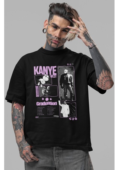 Sevbano Kanye West Rapper Şarkıcı Ön Baskılı Unisex Oversize Tişört Siyah