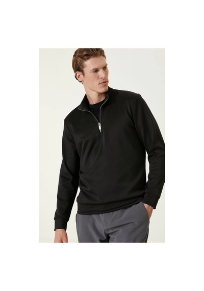 Erkek 3 İplik Pamuklu Uzun Kol Yarım Farmuarlı Yakalı Sweatshirt - Siyah
