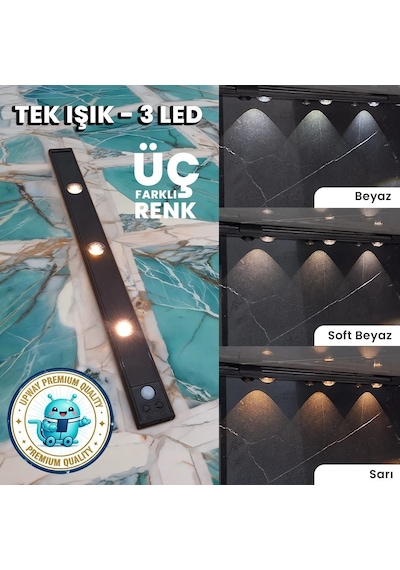Upway Sensörlü 40 Cm 3 Lü Led Lamba 3 Renkli Ayarlanabilir Tezgah Merdiven Dolap Aydınlatma Siyah