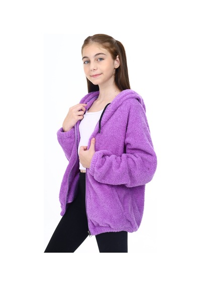 Toontoy Kız Çocuk Kapüşonlu Fermuarlı Cepli Reglan Kol Peluş Hırka Lila