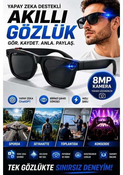 Yapay Zeka Çevirili 8mp Kameralı Akıllı Gözlük Birinci Şahıs Görüşü Ve Şarjlı