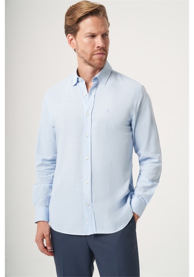 İmza Mavi Biritli Yaka Uzun Kol Cepsiz Slim Fit Pamuklu Gömlek 1004260207 Koyu Mavi