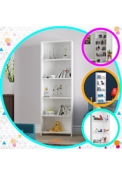 Mutfak Dolabı 5 Raflı Arkalıklı Kitaplık Ofis Dolabı Çok Amaçlı Dolap Beyaz