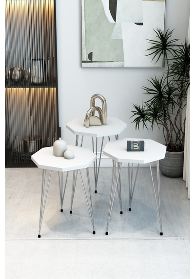 3'lü Sekizgen Zigon Sehpa Seti - Gümüş Metal Ayaklı, Modern & Şık Yan Sehpa, Dayanıklı Salon Ofis Beyaz