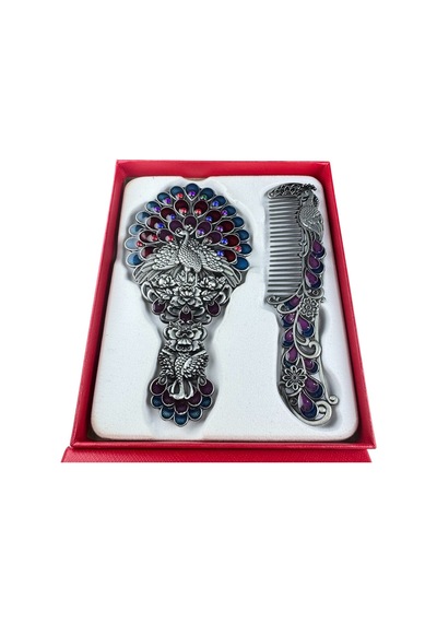 Tavus Kuşu Desenli Vintage Ayna Tarak Seti Özel Tasarım Ve Özel Kutulu 13,5 Cm & 13 Cm Gümüş