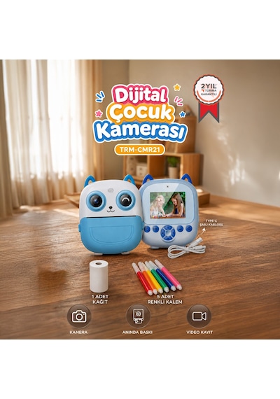 Torima Cmr-21 Mavi Dijital Video Kayıt Fotoğraf Çocuk Kamerası Termal Resim Kağıt Baskılı Yazıcı
