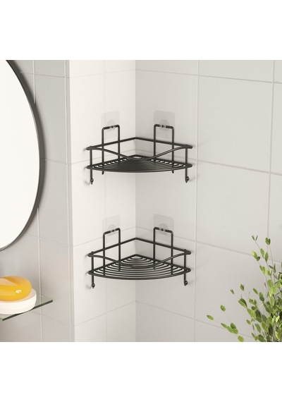 Teknotel Yapışkanlı Kancalı 2 Adet Banyo Köşe Rafı Mat Siyah St25 Çok Renkli