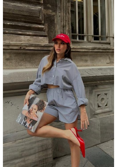 Butik İstanbul Volerie Çizgili Şortlu Takım 9342-17 Si Yah