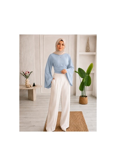 Unika Boutique Kadın Geniş Kol Belden Oturtmalı Bluz mavi