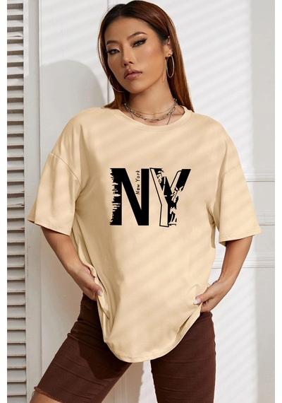 Unisex Newyork Baskılı Oversize Tshirt Bej