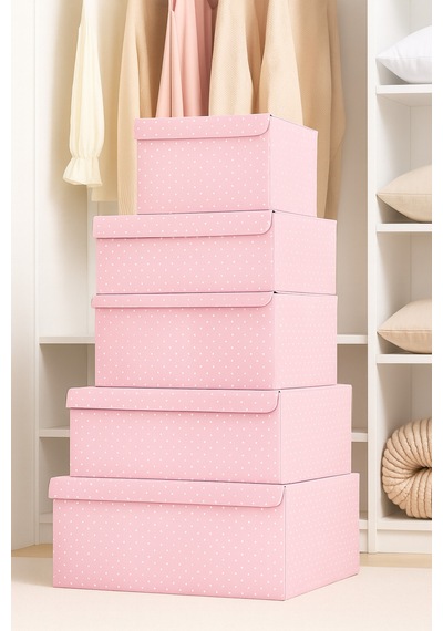 Serstil Sert Karton Pembe Puantiyeli Kapaklı Baza Altı Kutu Hurç Organizer Pembe Puantiye