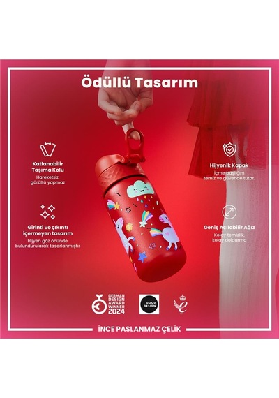 Ion8 - Paslanmaz Çelik Çocuk Suluk - Kırmızı Unicorn - 400 Ml - Sızdırmaz Çok Renkli