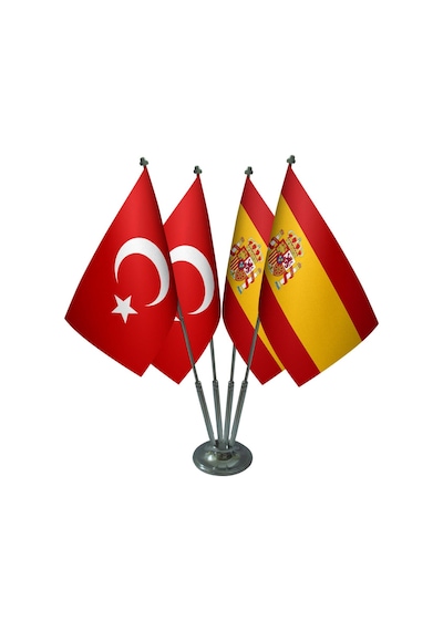 Masa Üstü İspanya Bayrağı Türk Bayrağı Dörtlü Krom Direk Masa Bay