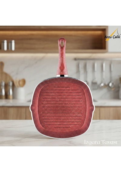 28 Cm Granit Izgara Tavası - Kırmızı Kırmızı