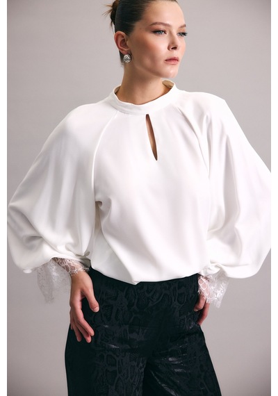 Sateen Dantel Detaylı Uzun Kollu Bluz - Ekru-137004 Ekru