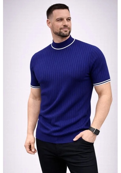 Suma Erkek Fitilli Triko Dokuma Kısa Kol Tişört Yarım Boğaz Modern Yazlık T-shirt - Lacivert