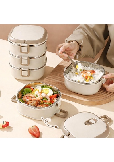 Valkyrie 3 Katlı Yemek Kabı 2100 Ml Termal Çantalı Lunch Box, 304 Paslanmaz Çelik, Bpa İçermez Krem