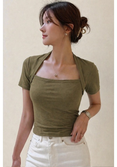 Kadın Haki Kuğu Yaka Slim Kısa Kollu Fit Crop Bluz