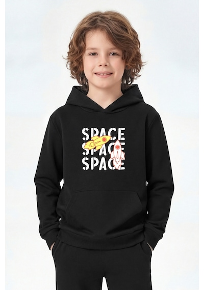Fyk Kids Kanguru Cepli Kapüşonlu Baskı Detaylı Erkek Çocuk Sweatshirt Siyah