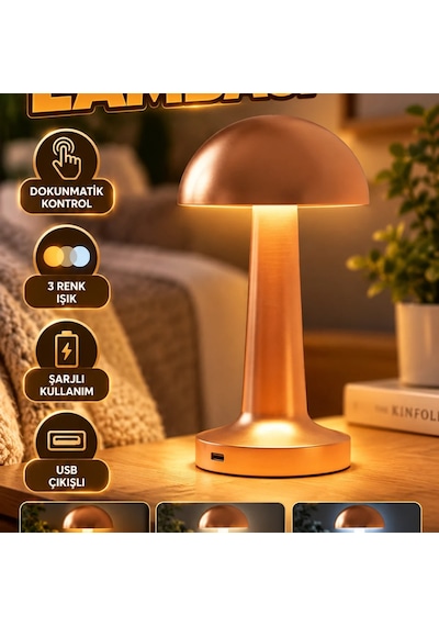 Şarjlı Bronz Led Masa Lambası Dokunmatik 3 Renk Işık Ve Usb Çıkışlı Renkli