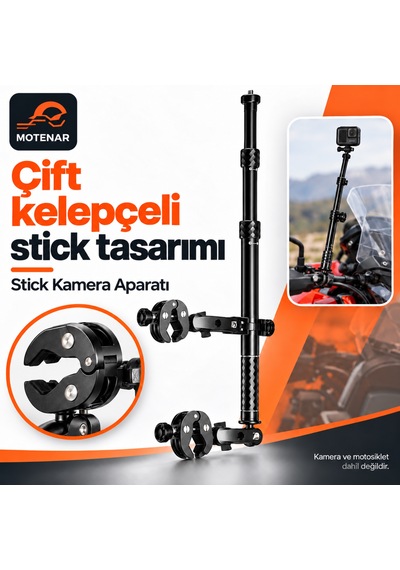 Motenar Motosiklet Stick Kamera Aparatı Çift Kelepçeli Siyah
