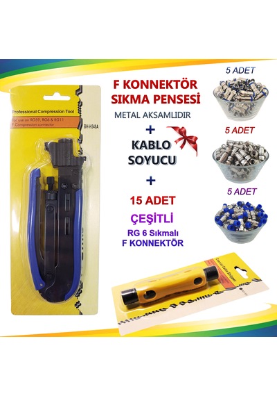 F Konnektör Sıkma Pensesi + Kablo Soyucu + 15 Adet Çeşitli Sıkmalı F Konnektör