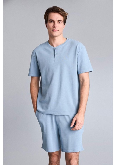 Defacto New Regular Fıt Kısa Kollu 2li Şort Tişört Pike Pijama Takım H5199ax26spbe299 Mavi-be299