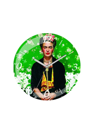 Frida Kahlo Portre Çap 30cm Sessiz Akar Bombeli Gerçek Cam Duvar Saati Çok Renkli