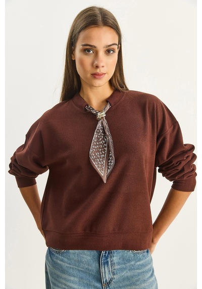 Shade Kadın Fular Detaylı Pamuklu Ottoman Sweatshirt 6931 60283689 - Acı Kahve Çok Renkli