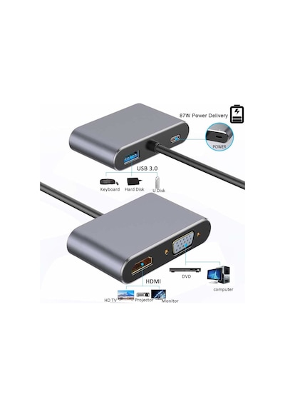 Speeduf Type-c 4 In 1 4k Hdmı Vga Usb 3.0 Type-c Şarj Girişli