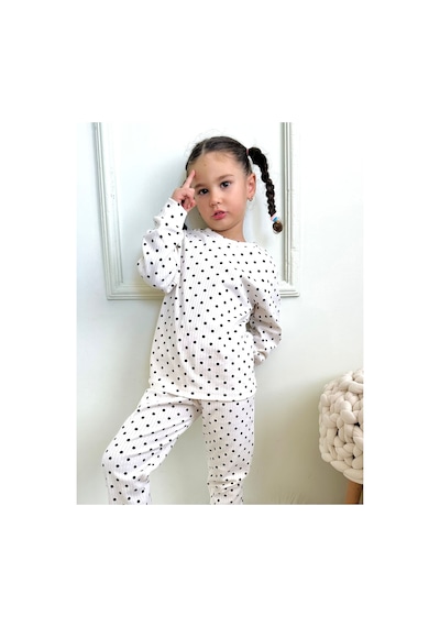 Kız Çocuk Fitilli Kumaş Polkadot / Puantiyeli Pijama Takımı Esnek Kumaş Yeni Sezon Beyaz