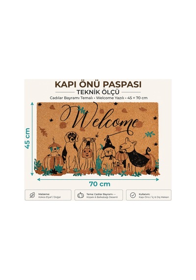 Coco Cc031a Welcome Köpek Desenli Kalın Kaymaz Taban Nem Alıcı Şık Tasarım Kapı Önü Paspası 45x75 Cm Bej